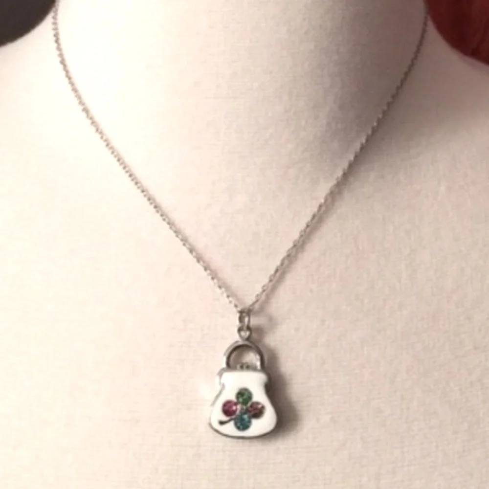 Vintage White Enamel Sterling Silver Rhodium Plated Crystal Purse Necklace